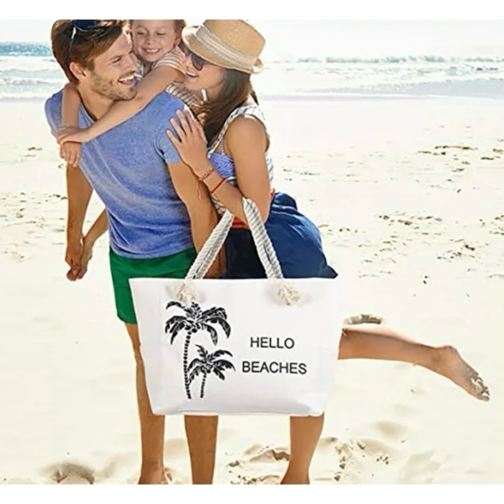 (NWT) TESALATE • Cream/Black “Hello Beaches” and Palm Trees Large Beach Tote Bag - Picture 14 of 15